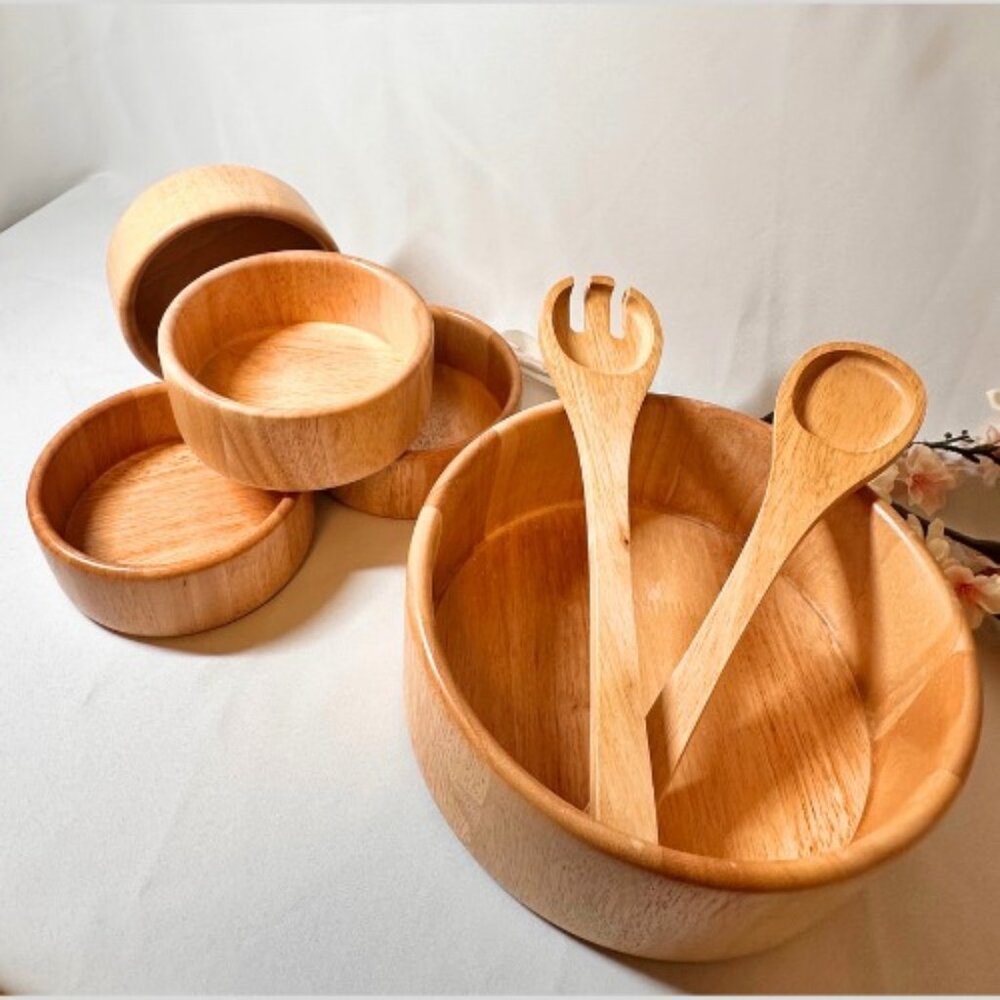 Natural Wood Salad Bowl Set with Servers - Light Wood